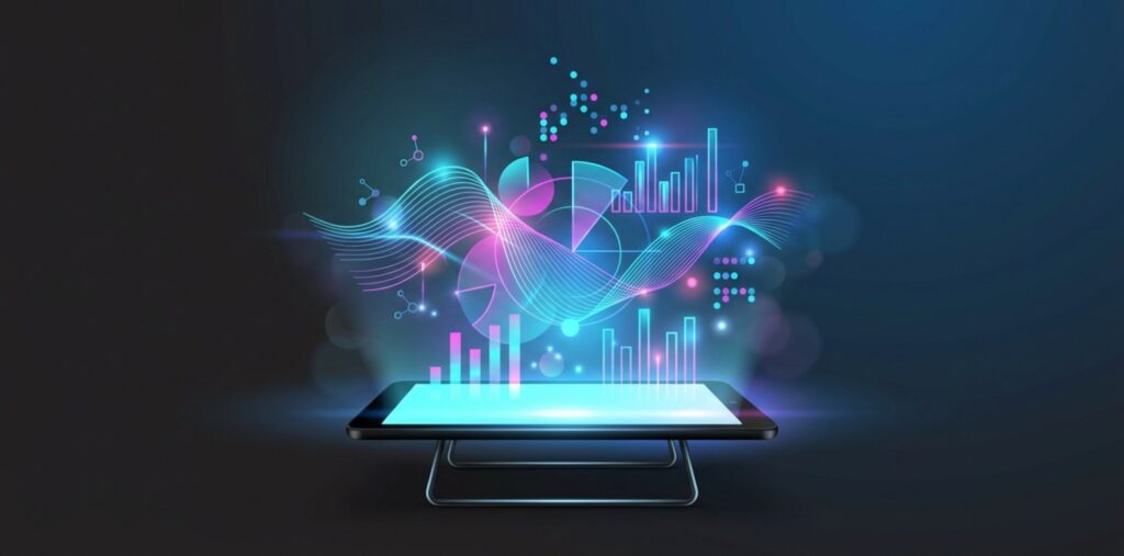 a tablet on a stand, with glowing neon elements rising from its screen into the air