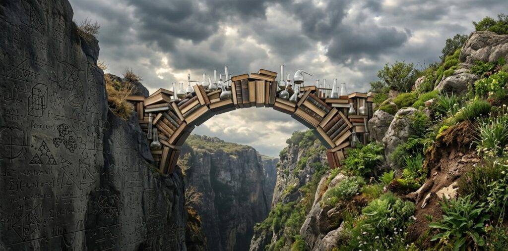 a symbolic bridge made of books and laboratory flasks, connecting two cliffs