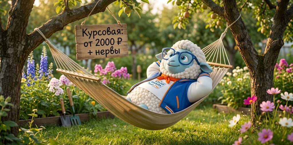 sheep is lying in a cozy hammock