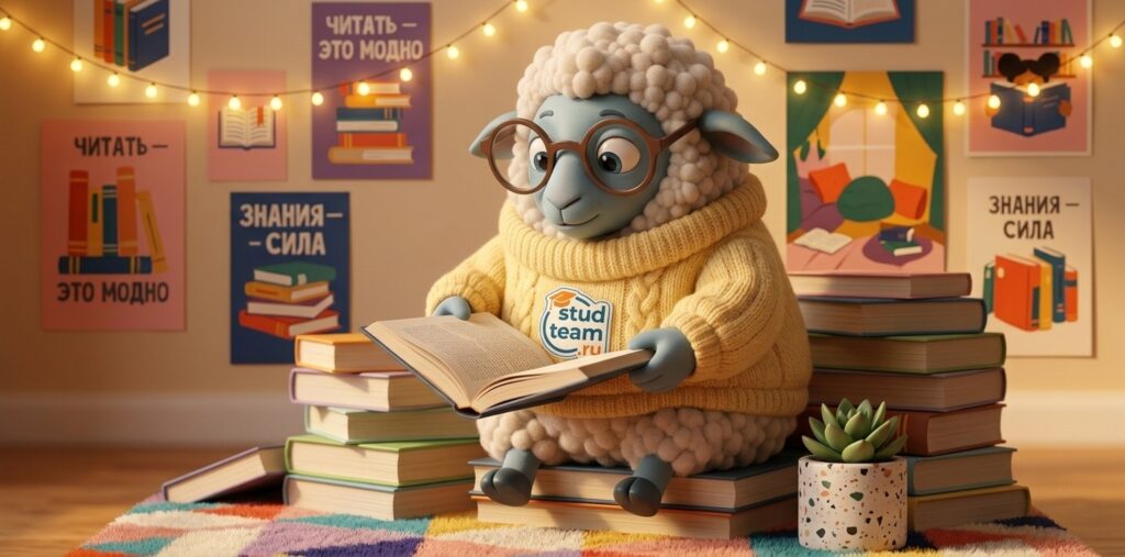 the sheep is sitting comfortably on a stack of colorful thick books