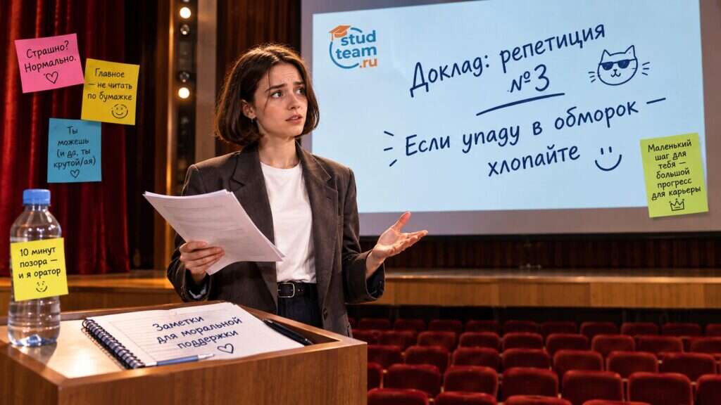 student standing on a small stage in a university auditorium