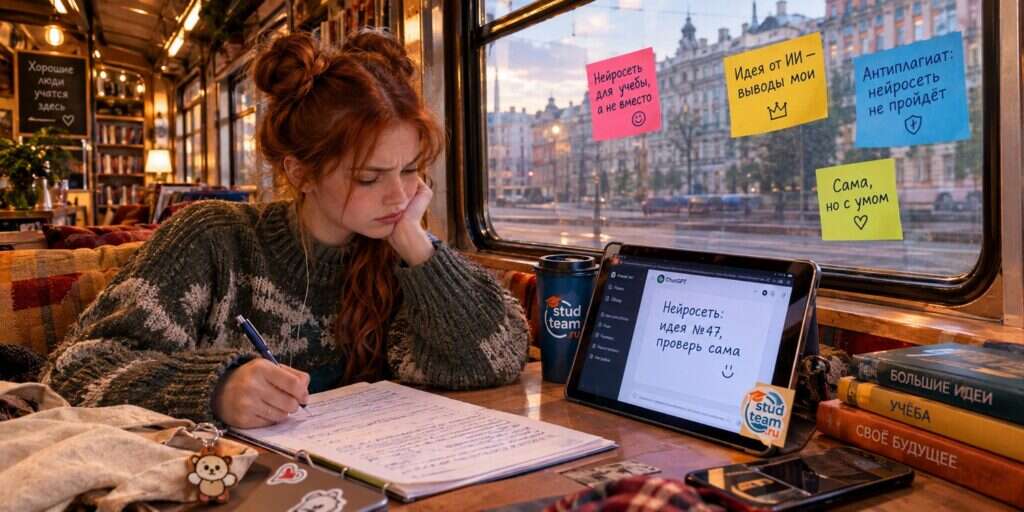 female student sitting in an old tram converted into a lecture space