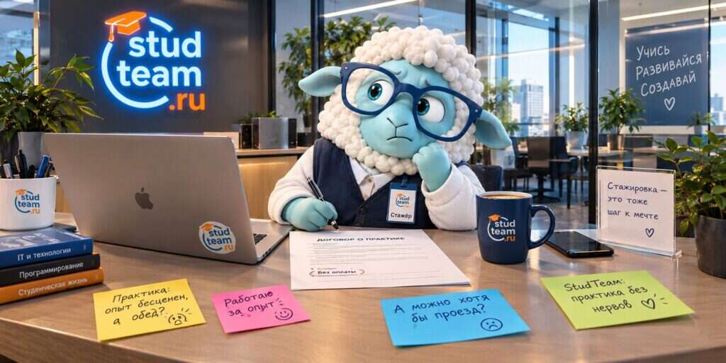 the sheep is sitting at a modern office reception desk with glass walls