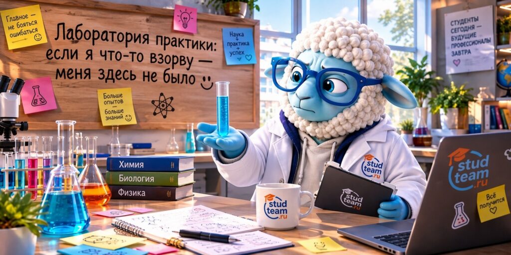 the sheep is wearing a white lab coat and blue rubber gloves