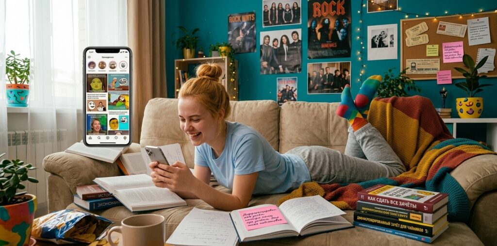 A female student is lying on the sofa with a phone in her hand