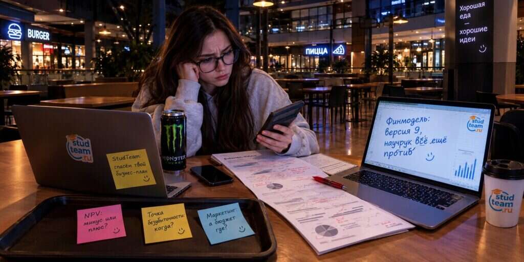student sitting at a food court in a shopping mall late at night