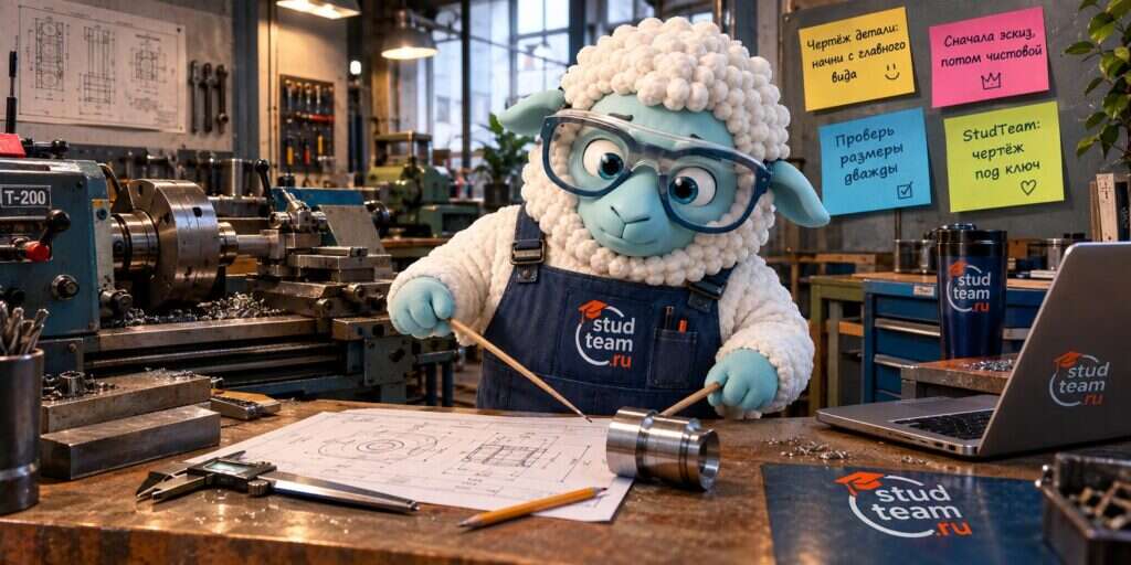 the sheep is standing in a workshop next to a lathe
