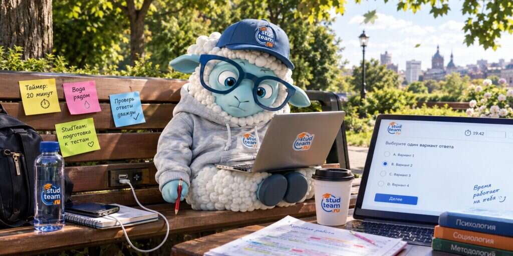 the sheep is sitting in a park on a modern bench with a USB charging port